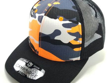 PB251 [N.ORANGE CAMO BLACK] CAMBRIDGE 6 PANEL CAMO TRUCKER HAT Cheap